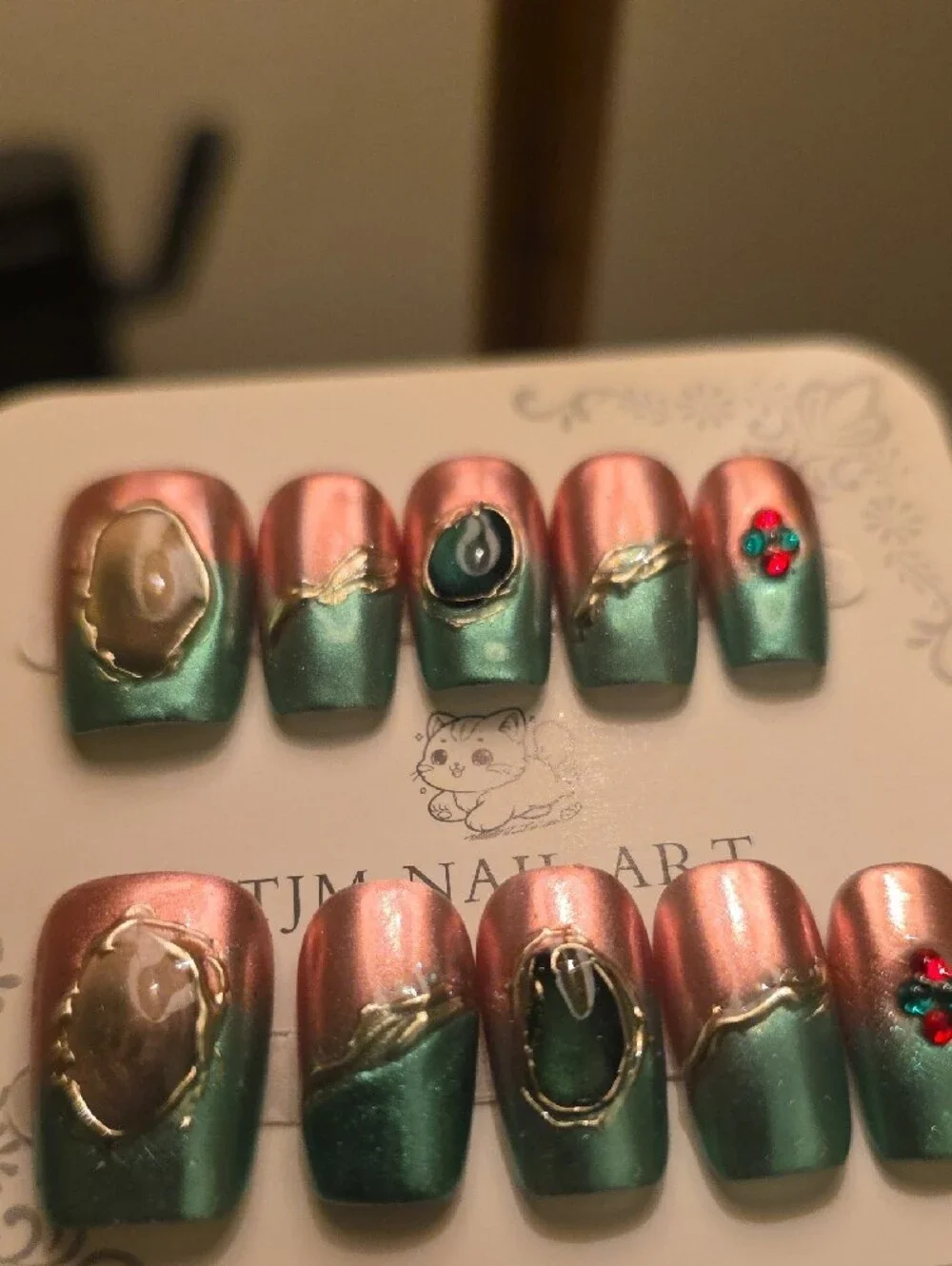Green and Pink Ombre Press-On Nail Set Size Large